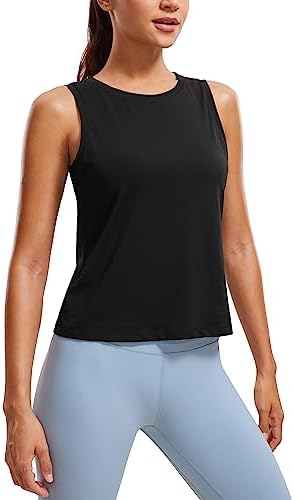 CRZ YOGA Pima Cotton Cropped Tank Tops for Women Workout Crop Tops High Neck Sleeveless Athletic Gym Shirts Black Medium