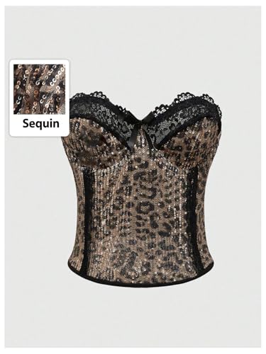 SweatyRocks Women's Sparkly Sequin Lace Corset Tops Leopard Print Strapless Y2K Tube Top Streetwear3