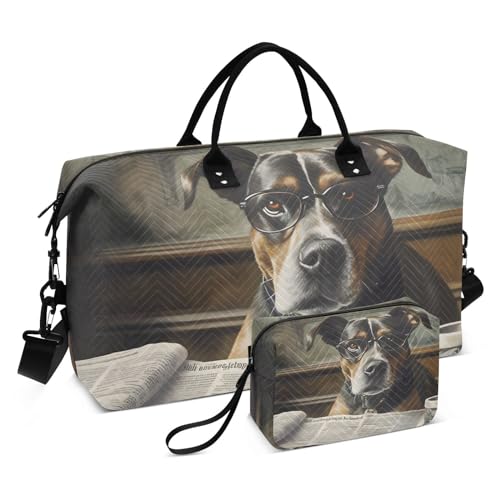 Large Travel Duffel Bag, Dog Reading Sports Tote Gym Bag, Shoulder Weekender Overnight Bag for Women Men, Carry On Luggage with Toiletry Bags
