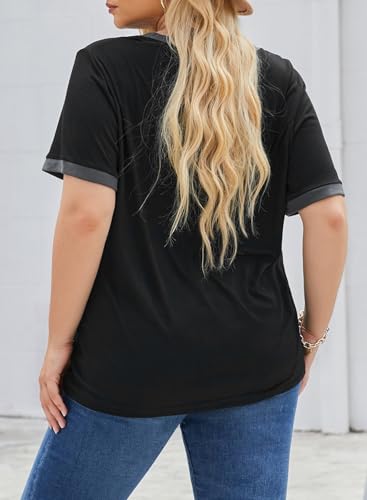 Eytino Women Plus Size Tops V Neck Short Sleeve Striped Causal Loose Blouse Shirts with Pocket(1X-5X)2