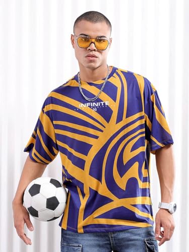 Image of THE INDIAN GARAGE CO Men Cotton Oversized Abstract Printed Round Neck Tshirt