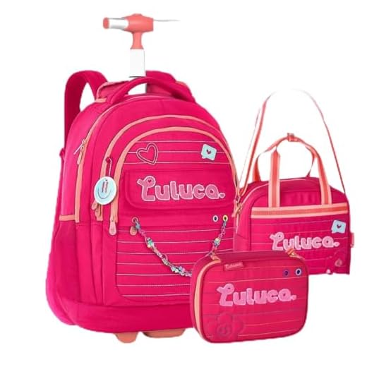 Mochila da Luluca de Rodinha Kit com Estojo e Lancheira Térmica Escolar Juvenil Notebook Alça para das Costas Carrinho
