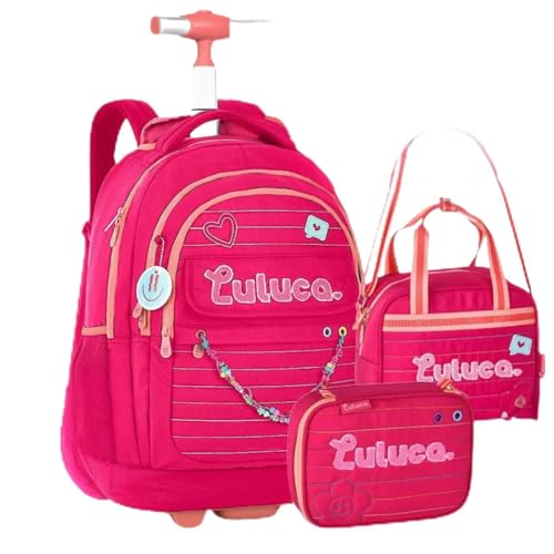 Mochila da Luluca de Rodinha Kit com Estojo e Lancheira Térmica Escolar Juvenil Notebook Alça para das Costas Carrinho
