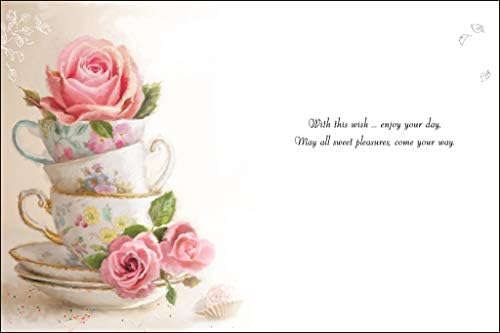 Jonny Javelin (JJ-V220) Birthday Card - Teacups and Roses - Birthday Wishes - Embossed, Foil and Flitter Finish