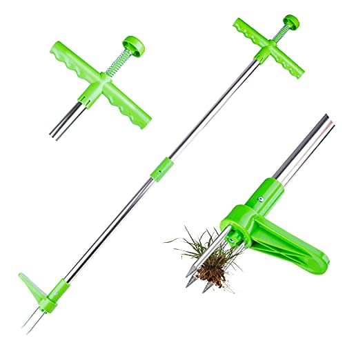 Genround Weeder Puller Root Remover, Stand Up Weeder Root Removal Tool with 3 Stainless Steel Claws, Standing Plant Root Remover with Foot Pedal, Manual Garden Weed Puller Tool (39  Long, Green)
