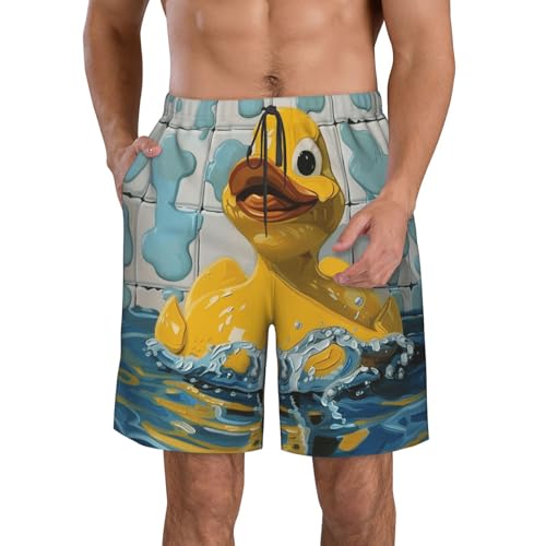 Men's Quick Dry Swim Shorts Yellow Rubber Duck Oil Painting Water Cute Beach Trunks with Pockets - Main Image