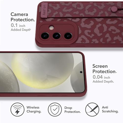 Image of Compatible with Samsung Galaxy S24 Case with Strap Wrist Wine Red | Cheetah Print Shockproof Soft TPU Protective Cover for Women Girls, Slim Anti Scratch Case 6.2 Inch, Wine Red