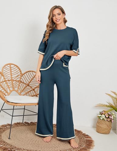Image of Tanming Sweater Sets Women 2 Piece Lounge Sets Short Sleeve Knit Pullover Tops Wide Leg Pants