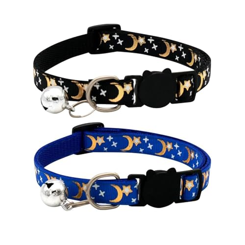 EOMECUIGAO Breakaway Cat Collar with Bells 2PCS Adjustable Moon and Star Kitten Safety Collars (Black &Blue)