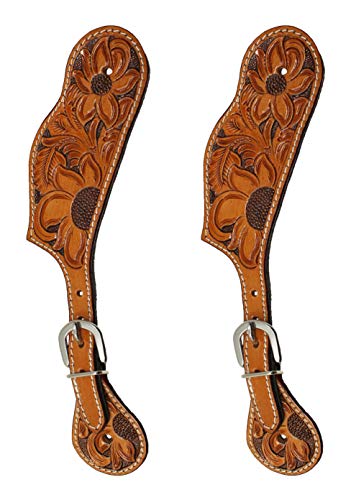 CHALLENGER Western Cowboy Boot Leather Hand-Tooled Floral Spur Straps Tan 74155