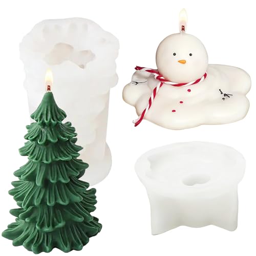 2PCS Christmas Candle Molds Cute Melting Snowman Silicone Mold 3D Resin Christmas Tree Shaped Mold for Candle Making Ornament for Soap Wax Epoxy Resin Cake Chocolate Decoration Xmas Theme Party