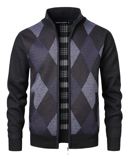 Men's Argyle Cardigan Full Zip Knitwear Fleece Lined Jumper Knit Sweater2