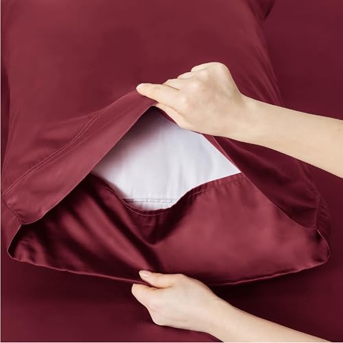 Bedsure Cooling Sheets Twin, Rayon Derived from Bamboo, Breathable & Soft Twin Sheets Set, Deep Pocket Up to 16 Inches, Hotel Luxury Silky Bedding for Hot Sleepers, Burgundy