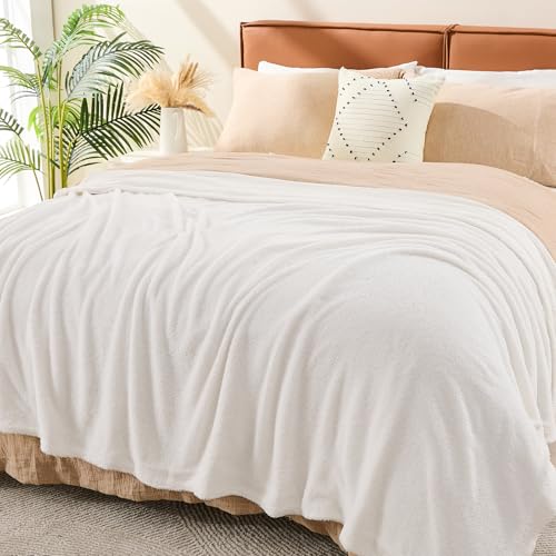 EMME Muslin and Fleece Queen Blanket Reversible - 80"*90" Cream Soft Warm Throw Blankets for Couch Bed Picnic Travel Bed