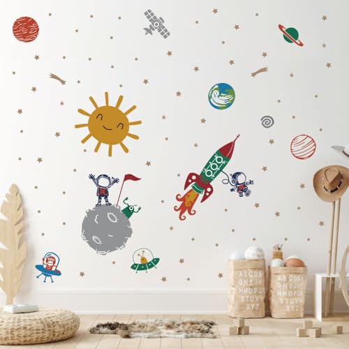 Image of Astronaut Rocket Space Wall Stickers for Kids Room Decor - Planets & Stars Wall Decals - Peel and Stick Removable Space Wall Decor for Nursery, Bedroom, Playroom - Large Size 151x118cm