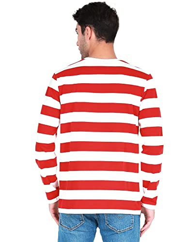 Funny World Red And White Striped Long Sleeve Shirt Mens Casual Tee, Xl #TOP2