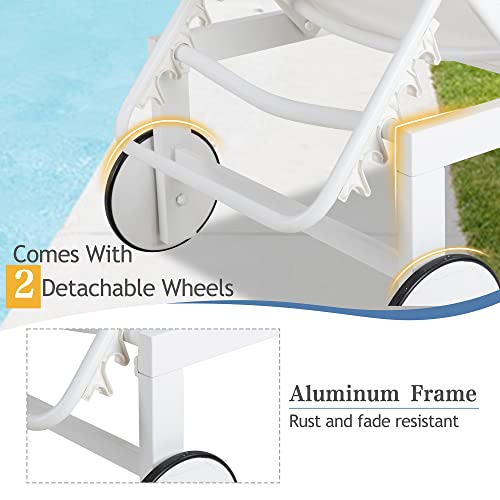 Qaqa Patio Chaise Lounge Chairs Set Aluminum Lounge Chairs With Adjustable Backrest, Folding Lounge Recliner Chairs With Wheels For Poolside, Yard, Deck, Beach, White #TOP2