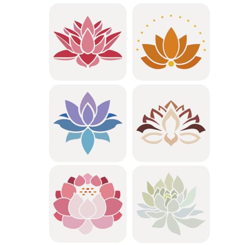 FINGERINSPIRE 6 Pcs Lotus Flower Painting Stencil 5.9x5.9inch PET Lotus Symbols Spraying Stencil Reusable Lotus Flower Throne Pattern Wall Stencil Creative Hollow Out Template for Painting On Wood