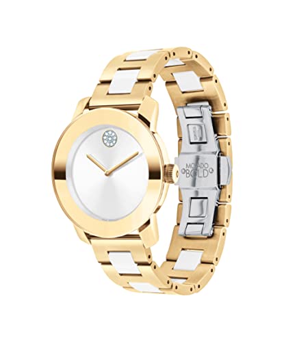 Movado Women's Bold Iconic Pale Gold Ionic Plated Stainless Steel Case, Pale Gold Ionic Plated Stainless Steel and White Ceramic Link Bracelet, Two Tone, (Model: 3600892)2