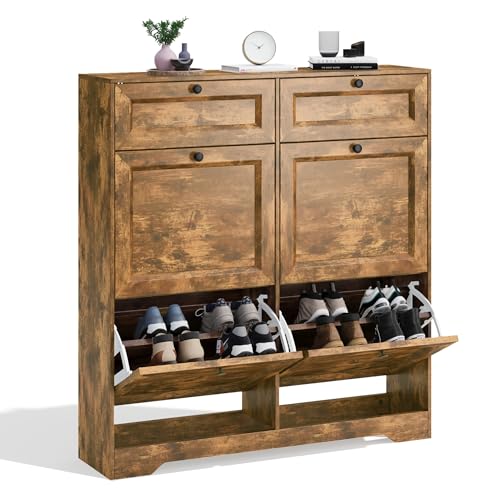 Xbro Zapatero Estrecho Entrada Recibidor, Mueble Zapatero de Madera 4 Abatibles y 2 Cajones,10 Pares de Zapatos, Zapatero para Pasillo y Salón, Medidas 95×25×102cm Retro