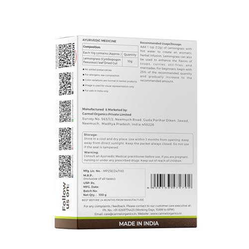 Image of Carmel Organics Lemongrass Whole 100 gm | Makes 50+ Cups of Herbal Tea | Natural | No Added Preservatives | Chukku Khasi inch or inchElumichai Poondu,Karpooravalli,Nimmakaya Pulihora | Cymbopogon flexuosus