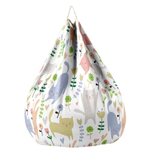 Fasbuy 3D Gato Puff Salón con Asa, Sin Relleno, XXL Funda de Puff Gigante, Salon Bean Bag para Adultos/Juvenil/Niños, Exteriores y Interiores (Gatos y Flores,100x120cm)