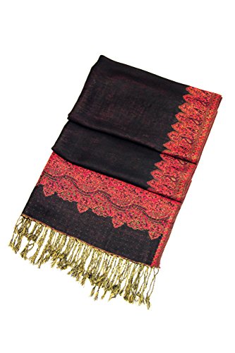 Sakkas Border Pattern Layered Reversible Woven Pashmina Shawl Scarf Wrap Stole - Black Red - Thumbnail 2