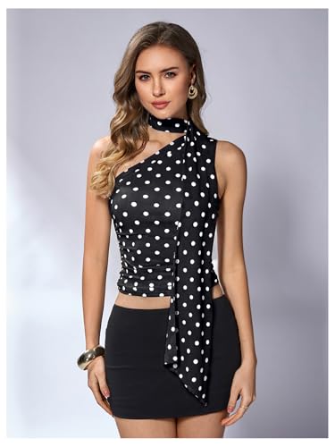 Image of RoseSeek Women's Y2K Leopard Polka Dots Halter Asymmetrical Neck Crop Tops | One Shoulder, Slim Fit, Sleeveless, Cheetah Print, Summer Tops, Scarf Tops, Party, Going Out Tops