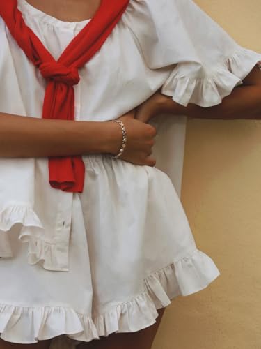 Image of Womens Ruffle Pajama Set Short Sleeve Button Down Top and Shorts | Cotton Ruffle Pajamas Set, Ruffle Shorts Set Women, 2 Piece Shorts Set for Women