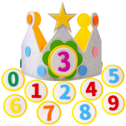 loghohu Birthday Crown Hat With Numbers Felt Crown Birthday Hats Birthday Crown Boy 3D Stickers Fabric Crown 0-9 Replaceable Numbers Birthday Cake Hat Party Decorations for Birthday