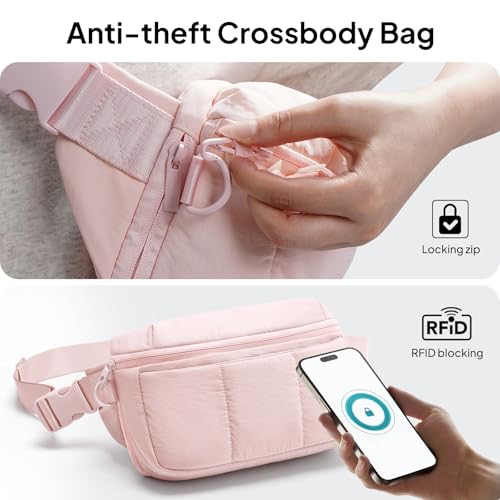 Image of TOPEAST Waist Pack 3.5L Fanny Packs with Water Bottle Holder, Large Capacity Travel Belt Purse Anti-Theft RFID Blocking, Pink Fluffy Crossbody Sling Bag for Hiking Walking