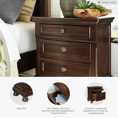 Image of Signature Design by Ashley Porter Traditional Wood Nightstand, Brown | Veneers, wood and engineered wood, 2 smooth-operating drawers, Hidden pull-out tray, Felt bottom, Bun feet