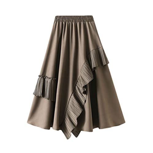 Jupe trapèze à volants marron avec taille haute extensible chic