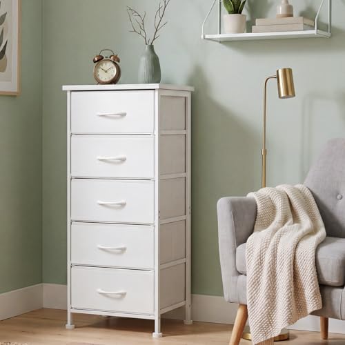 Image of Fixwal White Tall Skinny Dresser for Bedroom, Narrow Storage Dresser Organizer with 5 Fabric Drawers, Nightstand Furniture in Closet, Entryway, Hallway