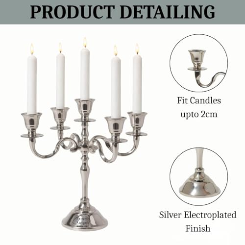 Image of Aluminum Metal 5-Arm 8inch German Silver Candelabra for Dining Table | Vintage Candle Stand for Romantic Dinner, Home & Wedding Decor