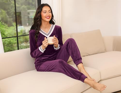 Totatuit Pijama Terciopelo Mujer Dos Piezas Cálido Cómodo Cuello V Mujer Casual Traje de Pijama para Primavera Otoño Invierno Ropa de Dormir Vino Rojo XL