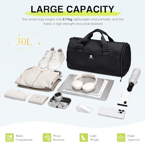 Foldaway Packable Travel Duffel Bag for Men Women, 30.6L Sport Gym Bag with Shoes Compartment Foldable Weekender Tote Bag (Black)2
