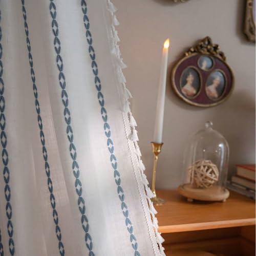 Homxi Curtains for Bedroom Semi Blackout 2 Panels Set,2 x 52W x 26H inch,Curtains Gray Blue White for Balcony Stripes Embroidery with Tassels Drapes for Bedroom Hook