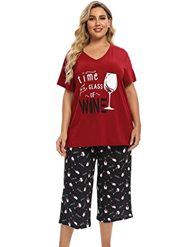 Image of Vozanet Women's Pajamas Set Soft V Neck Sleepwear Top and Capri Pj Lounge Sets Cartoon Heart Shape Cat Nighty Plus Size