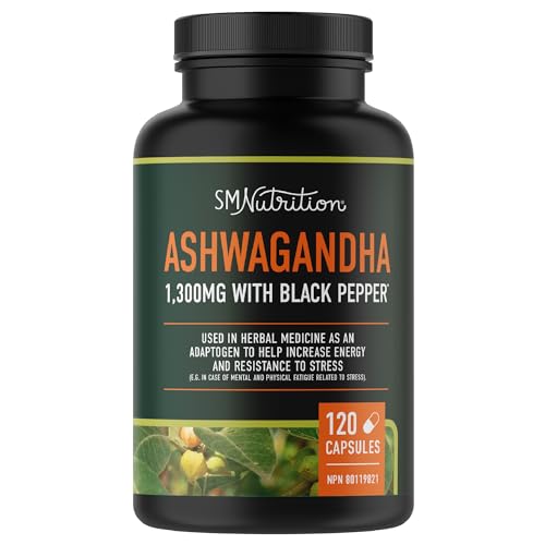 Ashwagandha Supplement 1300mg | Increase Energy & Resistance to Stress | Adaptogen from Ashwagandha Root Powder with Black Pepper | Used in Herbal Medicine | Non-GMO | 120ct