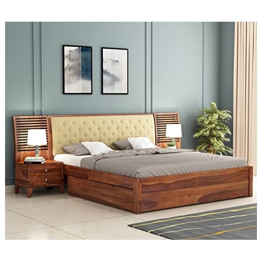 Budhakish Solid Sheesham Wood King Size Bed with Set of 2 Bedside Table | Wooden Double Bed Cot Bed with 2 Drawer Storage & Upholstered Cushioned Headboard for Bedroom | 6.5 X 6 FT, Honey Finish