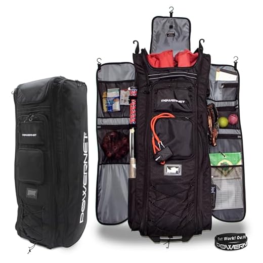 PowerNet All Gear Transporter | Rolling Baseball Equipment Bag for Coaches All w/Terrain Wheels | Large Main Compartment Fits Four 7x7 Net or Training Equipment Bags | Side Bat Sleeve and 20+Pockets