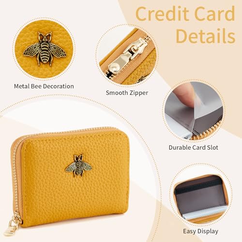 WOZEAH Leather Credit Card Holder for Women Wallet RFID Blocking Zipper Wallet Card Case Business（Yellow）4