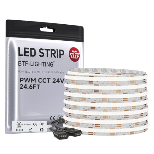 Image of BTF-LIGHTING COB FCOB Dimmable CCT LED Strip DC24V,UL Listed,24.6FT Tunable | 2700K-6500K,No Voltage Drop,8mm Wide,CRI 90+ Dotless Light,for Bedroom,DIY Lighting Decor(No Power Supply or Controller)