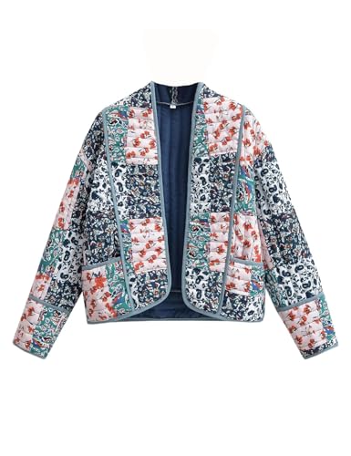 Perbai Chaqueta acolchada floral corta para mujer, ligera, reversible, parte delantera abierta, abrigo tipo cárdigan, Azul, M
