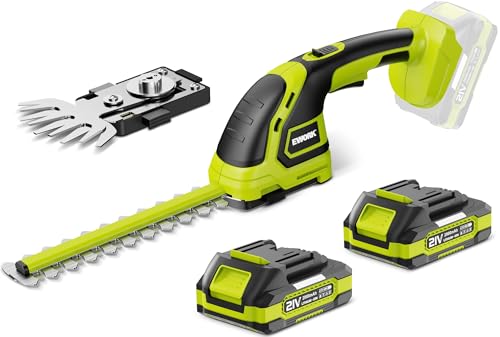 EWORK 21V Cordless Hedge Trimmer & Grass Shears 2-in-1 Handheld Small Electric Bush Trimmer with 2x2.0Ah Battery and Charger, Battery Powered Shrub Trimmer for Garden, Yard, Lawn Maintenance