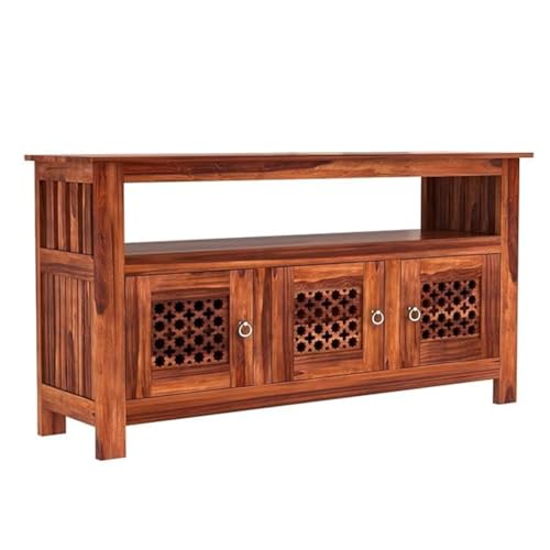 Image of Amazon Brand - Solimo Solid Sheesham Wood Jharokha Sideboard Cabinet with 3 Doors & 1 Open Shelf | Multipurpose Wooden Storage Organizer for Living Room, Bedroom, Kitchen, Office (Honey Finish)