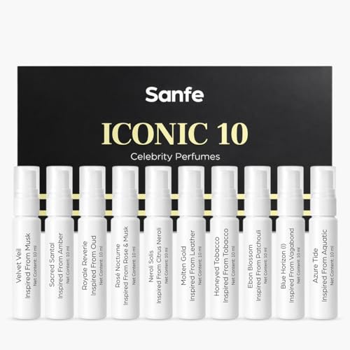 Image of Sanfe Iconic 10 Celebrity Fragrance Set | 10x10ml | Eau De Parfum Collection | Luxury Scents Hamper for Men & Women | Gift Combo | Long Lasting Aroma | Attar Inspired Blend | Premium Essence Pack