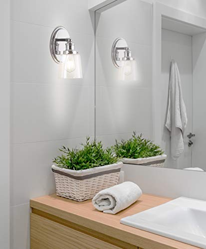 Image of JONATHAN Y 5 inch Chrome 1-Light LED Vanity Light, Farmhouse Wall Sconce for Bathroom Mirror, Clear Seeded Glass Shade, Rustic Iron Fixture for Kitchen Hallway, LED Bulb Included JYL7530A