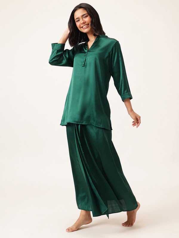 Image of Clovia Women's Chic Basic Satin Long Button Down Top with Dhoti Style Skirt